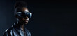© AMK  - woman dark - skinned wearing VR glasses virtual global world internet connection and a new experience in the future metaverse. Metaverse technology concept: innovation of the futuristic.
