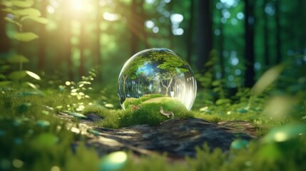 Wall Mural - transparent crystal sphere in a green forest filled with sunlight. grass and trees are reflected in 