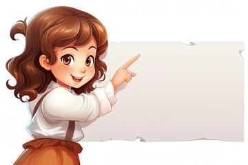 Wall Mural - illustration of a schoolgirl pointing her finger to the side on a blank white canvas.