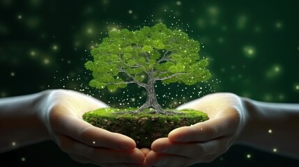 Wall Mural - symbolic magic green tree in human hands on blurred background. respect for nature, sustainable ener