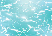 Water Surface Texture Background With Sunlight Reflection On The Waves And Water Drops. Top View Vector Illustration.