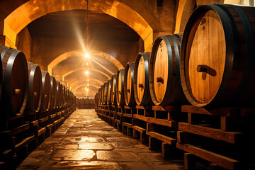 Vintage wine cellar with old oak barrels, production of fortified dry or sweet tasty marsala wine