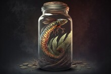 Fantasy Illustration Of A Centipede In A Glass Jar
