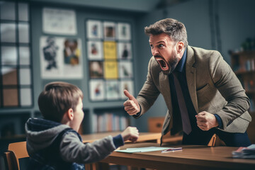 A scene of a teacher shouting at a student in a classroom, demonstrating disciplinary actions and power dynamics in educational environments