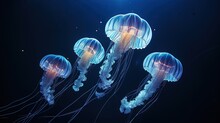  A Group Of Jellyfish Floating In The Ocean At Night.  Generative Ai