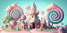 A Cute Cartoon Village In Pastel And Pink Colors Made With Marshmallows; Marshmallows And Lollipops.