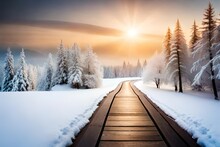 Road In Winter With  Sun Rise 