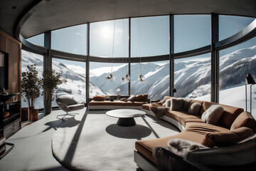 Wall Mural - AI generative image of living room with couch and panoramic window with snowy mountain view