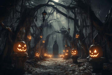 Wall Mural - A spooky forest adorned with Halloween decorations, setting a perfect scene for ghost stories and scary tales