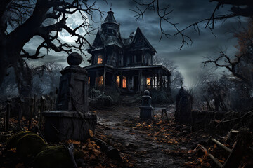 Poster - A spooky haunted house adorned with eerie Halloween decorations, showcasing holiday spirit and horror-themed creativity