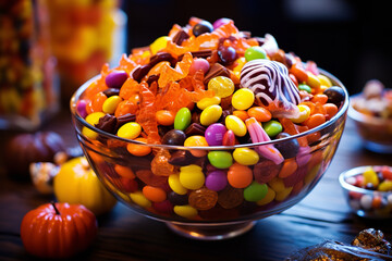 A bowl overflowing with colorful Halloween candy, symbolizing the treats aspect of the 'trick or treat' tradition