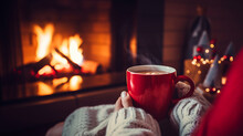 Woman Holding In Hands A Mug Of Hot Chocolate Or Coffee By The Christmas Fireplace. Woman Relaxes By Warm Fire With A Cup Of Hot Drink. Winter, Christmas Holidays Concept