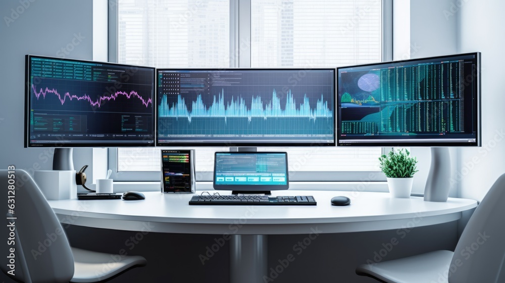 The side view from a computer desk with multiple screens displaying ...