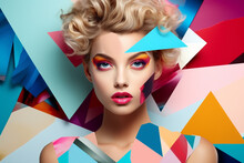 Beauty, Fine Art, Fashion Concept. Abstract Modern Art Collage Of Woman Portrait Made Of Various And Colorful Geometric Shapes And Paint Strokes. Generative AI