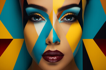 Beauty, fine art, fashion concept. Abstract modern art collage of woman portrait made of various and colorful geometric shapes and paint strokes. Generative AI