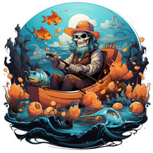 A Humorous Halloween Fishing T-shirt Design Featuring A Comical Skeleton Fisherman Holding A Fishing Rod With A Rubber Duck Lure, Generative Ai