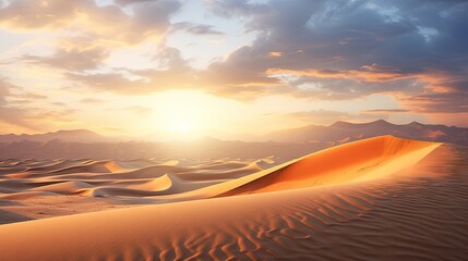 Canvas Print -  the sun is setting over a desert with sand dunes and mountains.  generative ai