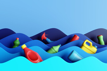 Different types of colorful plastic bottles and detergents containers floating in paper cutting waves. Illustration of the concept of marine plastic pollution and ocean cleanup