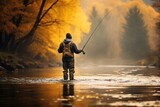 Fototapeta  - an angler in waders standing in a river, fly fishing amid a serene landscape painted with autumn colors