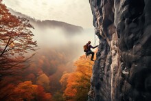 Dynamic Portrait Of A Climber Scaling A Cliff Against The Backdrop Of A Forest Cloaked In Autumn Hues, Showcasing The Beauty And Challenge Of The Sport