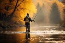An Angler In Waders Standing In A River, Fly Fishing Amid A Serene Landscape Painted With Autumn Colors