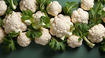 Wall Mural - Fresh ripe cauliflower green background. Top view, AI generative