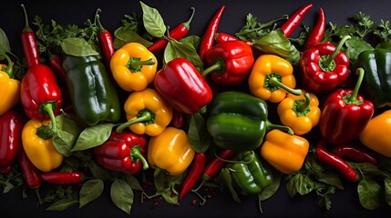 Wall Mural -  Colorful different ripe peppers on black background. Top view.  AI generation