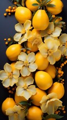 Wall Mural - Close up of Fresh quinces and flowers on dark background. Top view. AI generation