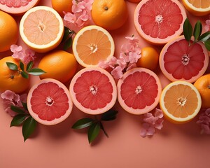 Wall Mural - Fresh ripe grapefruit at orange background with copy paste. Top view. AI generation