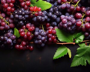 Wall Mural - Close up of Bunch of grapes on dark background. Top view. Copy space plase. AI generated