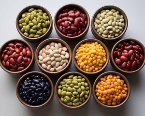 Wall Mural - Colorful different beans in bowls on white background, top view. AI generation