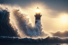 Giant Wave Engulfs Lighthouse Bokeh Lens Flare. Ai Generative