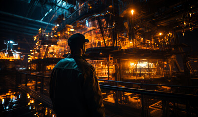 Wall Mural - Rear view of a man in leather jacket and cap standing indoors. Construction with lots of light at backdrop in blur. Generative AI.