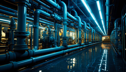 Clean shining interior of the plant. Thick blue pipes system lit with neon light. Generative AI.