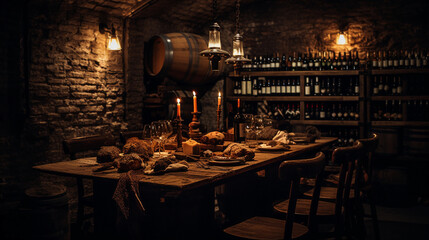 Cozy wine cellar in a boutique hotel, racks filled with bottles, intimate lighting, rustic brick walls, tasting table set for two, romantic ambiance