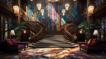 Vibrant, Abstract Representation Of A Boutique Hotel Lobby, Luxury Chandelier, Grand Staircase, Mahogany Furniture, Art Deco Style, With Unique Tessellation Patterns, Soothing Colors, Painterly Style