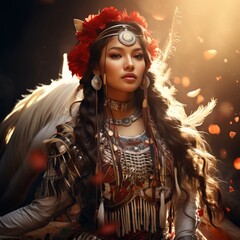 Wall Mural - 
American Indian girl in a national costume with beads and feathers in her hair. Sunbeams and a horse. wild west theme. cover of a women's novel. Generative AI