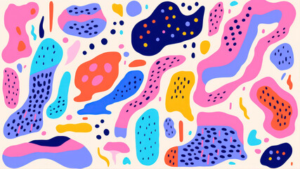 Poster - Creative Risograph aesthetic style pattern, grainy color fades, large shapes, exaggerated figures, and layering of different subjects, flat vector