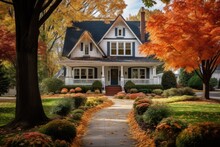 A Stunning Autumn Day Is Gracing A Cozy Suburban Home Nestled In A Residential Neighborhood In The United States.