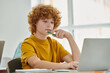 © LIGHTFIELD STUDIOS - Redhead teenage schoolboy holding pencil and using laptop during lesson in classroom at background