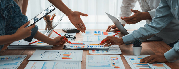 Poster - Panorama shot analyst team utilizing BI Fintech to analyze financial report with laptop. Businesspeople analyzing BI power dashboard displayed on laptop screen for business insight. Scrutinize