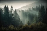 Fototapeta Las - Cloudy landscape: fir forest in retro style., generative IA