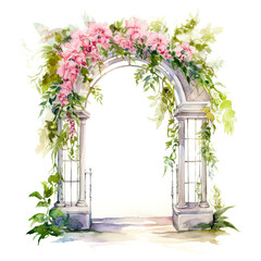 Wall Mural - Watercolor Painting of a Romantic Archway Filled with Pink Flowers, Green Plants, Wedding Clip art.