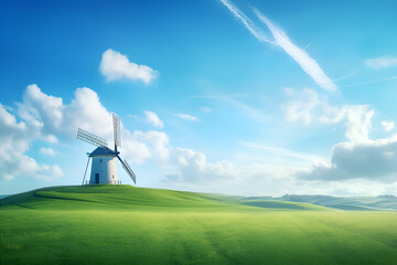 Grassy fields surround a windmill with bright blue skies