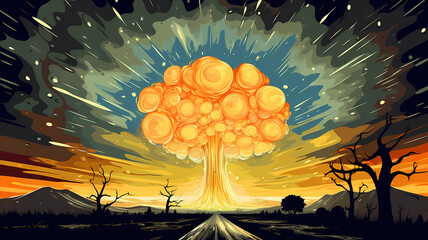 Canvas Print - Hand drawn cartoon beautiful explosion mushroom cloud illustration
