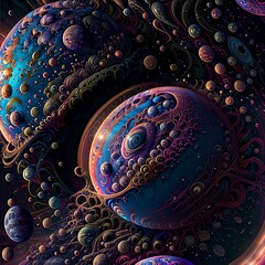 Poster - Space scene with planets in foreground. Psychedelic environment. Generative AI