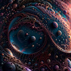 Poster - Space scene with planets in foreground. Psychedelic environment. Generative AI