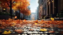 Abstract Representation Of Autumn In The City, Featuring Falling Leaves On Pavement. Generative AI