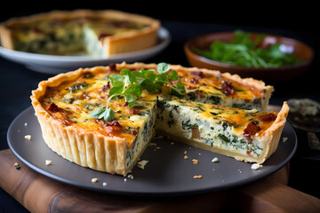 Wall Mural - Quiche - France - Savory open-faced pie with a custard filling and various ingredients like cheese, bacon, and vegetables (Generative AI)