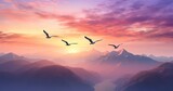birds flying over a purple sky at sunset Generative AI